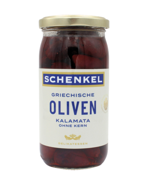 Schenkel Oliven Kalamata schwarz, ohne Kern, aus Griechenland, 200g Abtropfgewicht